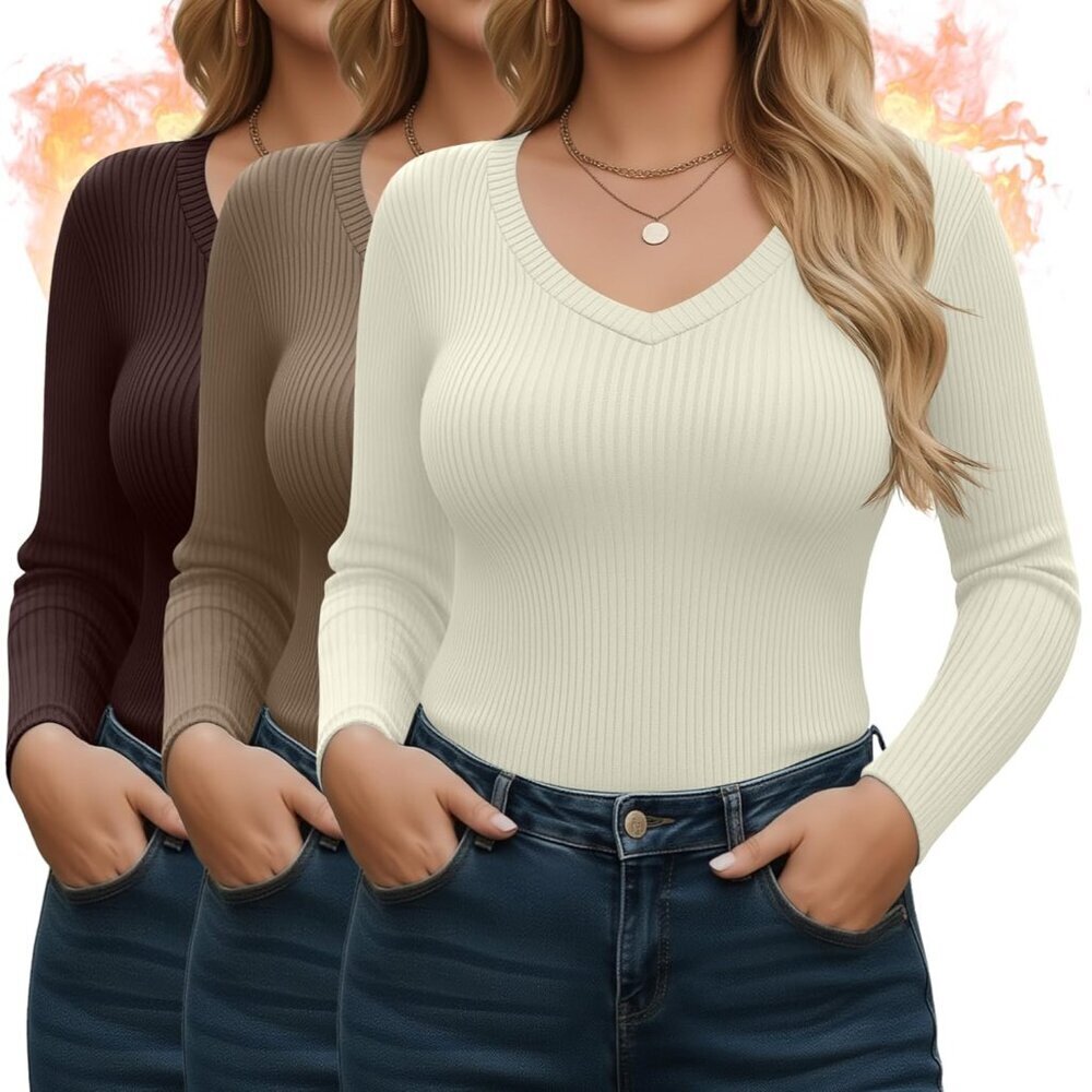 Women's Plus Size Thermal Shirts Cotton Ribbed Long Sleeve V Neck Fitted